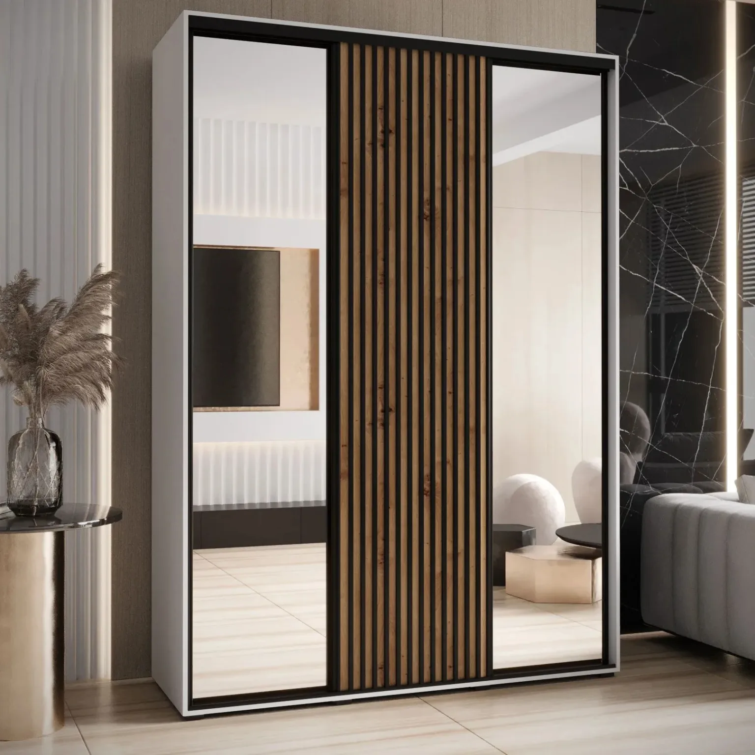 Kleiderschrank Mina Mit Schiebetüren Und Spiegel, In Weiß/Eiche for Kleiderschrank Spiegel Schiebetüren