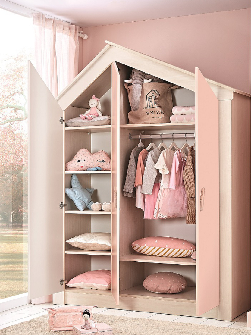 Kleiderschrank Pink House, 3-Türig in Mädchen Kleiderschrank